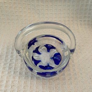 Joe Rice Glass Basket With Blue And White Flowers From The 90’s